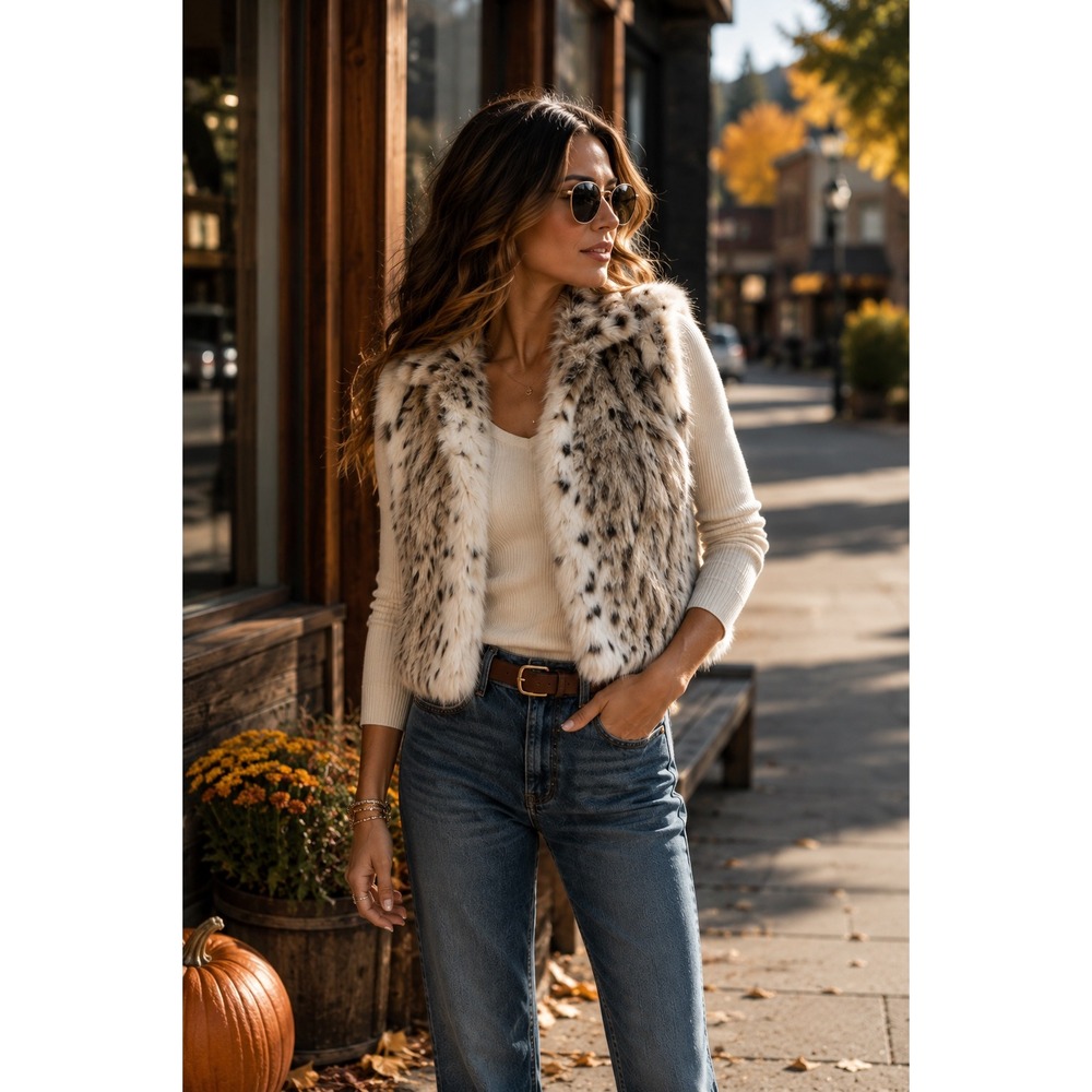Georgiou Studio Faux Fur Vest L Snow Leopard Lynx Longline Boho Mob Wife Neutral